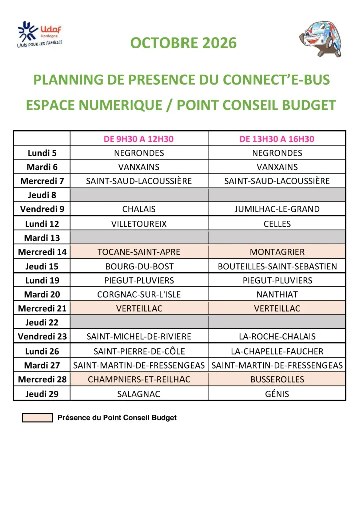 planning des permanences du Connect'e-Bus pour le mois d'octobre 2026